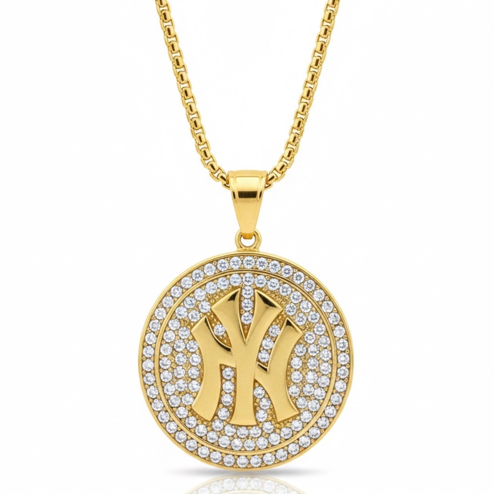NY Logo Pendant Necklace (Gold-Plated Stainless Steel, 24” Chain Included)